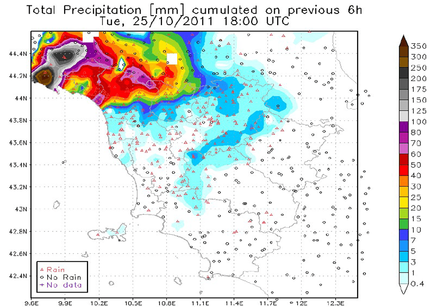Precipitation observed between noon and 6 pm on 25/11/2011 (CFR Toscana data).